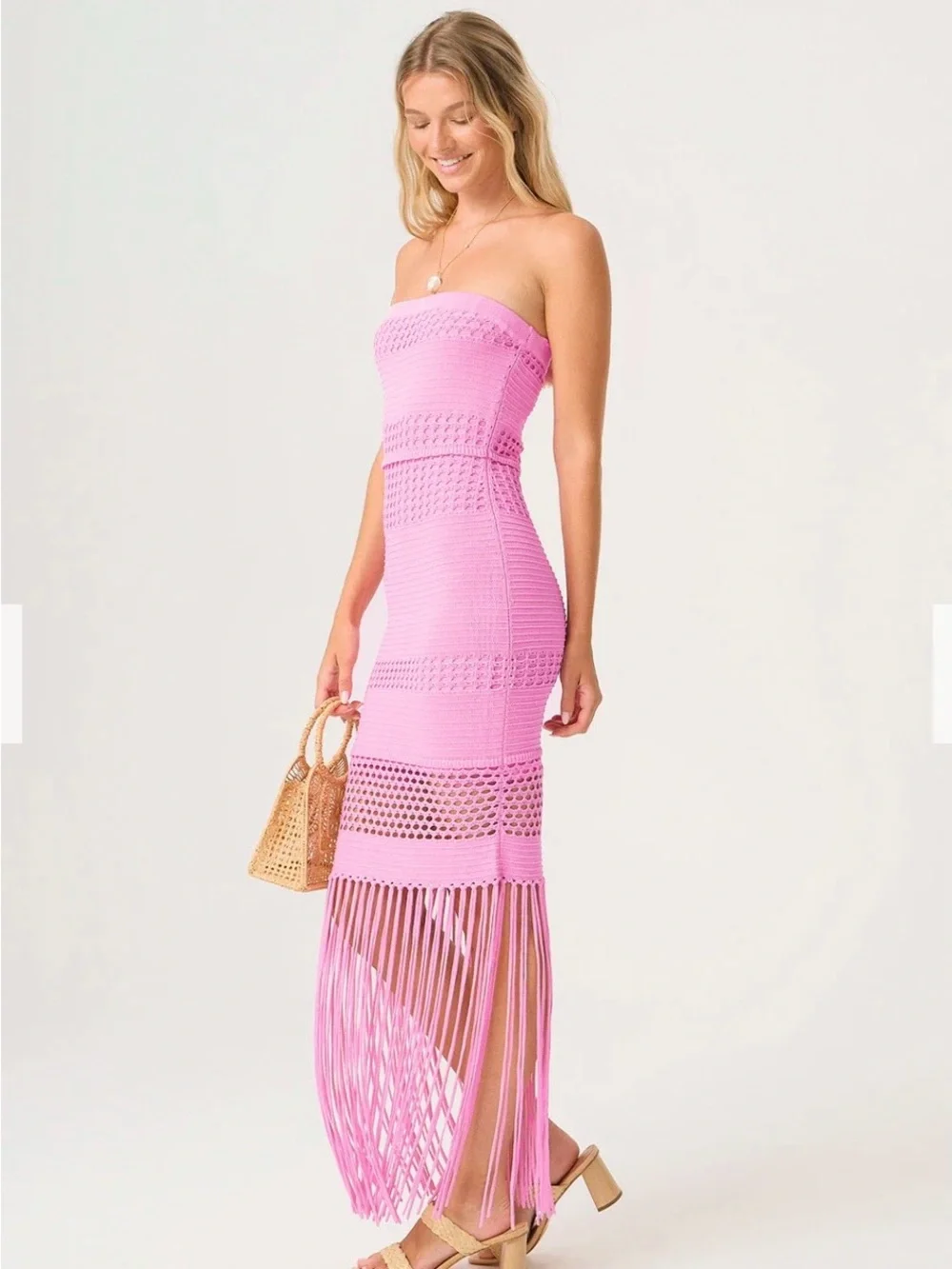 PQ Swim Strapless Pink Crochet Fringe Midi Dress XS/S - Picture 4 of 7